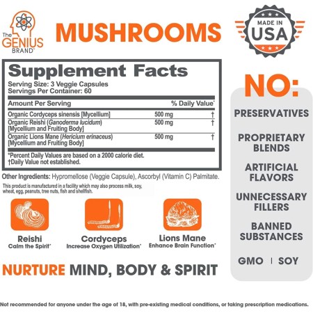 Genius Mushroom – Melena de león, Cordyceps y Reishi – Mejorador del sistema inmunitario y suplemento cerebral nootrópico –