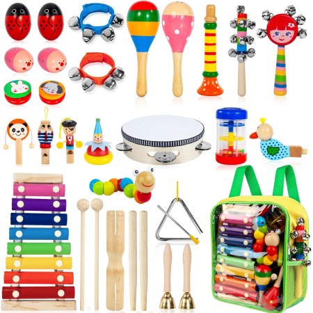 Instrumentos musicales para niños, 33 piezas, 18 tipos, instrumentos de percusión de madera, pandereta, xilófono, juguetes para