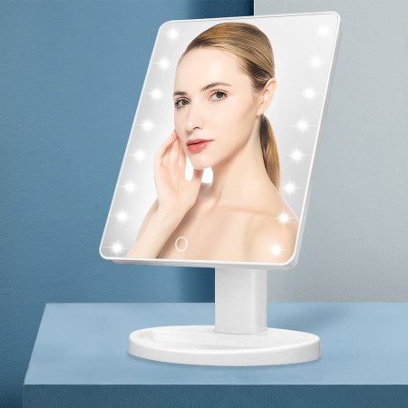 KOOKIN Espejo de maquillaje iluminado con 16 luces LED, rotación libre de 180 grados, espejo iluminado con pantalla táctil,