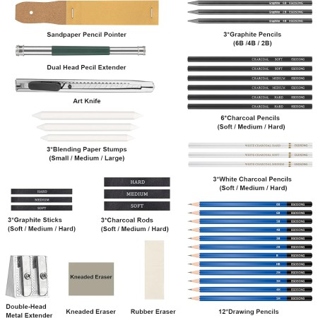 EGOSONG Juego de 41 dibujos, suministros de boceto con cuaderno de bocetos, lápices de grafito y carbón, kit de dibujo