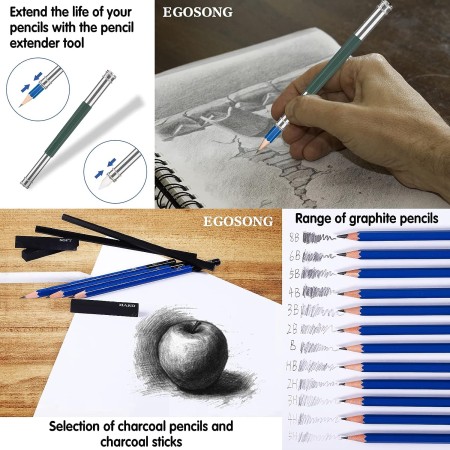 EGOSONG Juego de 41 dibujos, suministros de boceto con cuaderno de bocetos, lápices de grafito y carbón, kit de dibujo