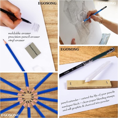 EGOSONG Juego de 41 dibujos, suministros de boceto con cuaderno de bocetos, lápices de grafito y carbón, kit de dibujo