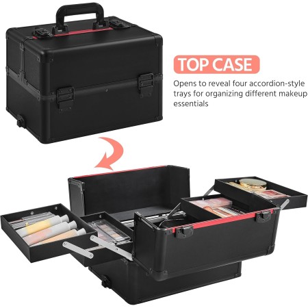 Yaheetech Rolling Makeup Case Professional Cosmetic Case Aluminum Makeup Train Case Cosmetic Organizer Makeup Trolley