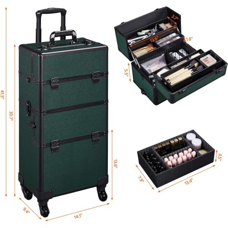 Yaheetech Rolling Makeup Case Professional Cosmetic Case Aluminum Makeup Train Case Cosmetic Organizer Makeup Trolley