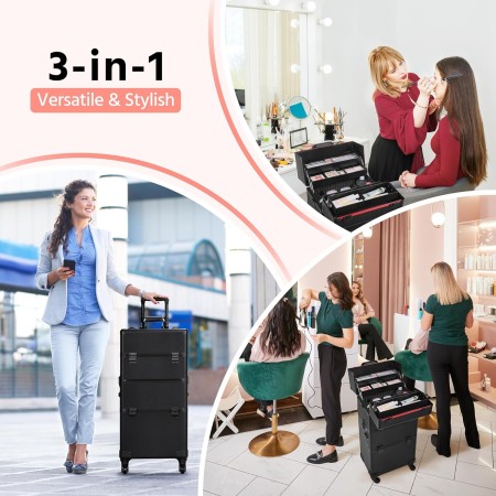 Yaheetech Rolling Makeup Case Professional Cosmetic Case Aluminum Makeup Train Case Cosmetic Organizer Makeup Trolley