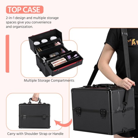 Yaheetech Rolling Makeup Case Professional Cosmetic Case Aluminum Makeup Train Case Cosmetic Organizer Makeup Trolley