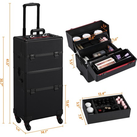 Yaheetech Rolling Makeup Case Professional Cosmetic Case Aluminum Makeup Train Case Cosmetic Organizer Makeup Trolley