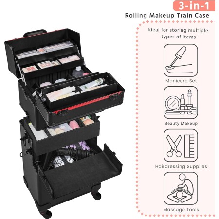 Yaheetech Rolling Makeup Case Professional Cosmetic Case Aluminum Makeup Train Case Cosmetic Organizer Makeup Trolley