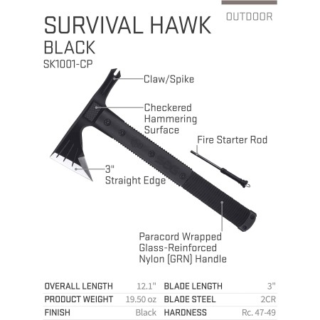 SOG Survival Hawk SK1001-CP cabezal de hacha negra con carcasa dura con sacaclavos, cabeza de martillo, iniciador de fuego,