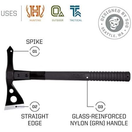 SOG Survival Hawk SK1001-CP cabezal de hacha negra con carcasa dura con sacaclavos, cabeza de martillo, iniciador de fuego,