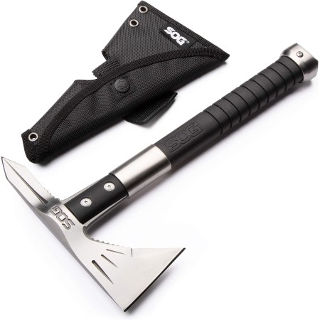 SOG Survival Hawk SK1001-CP cabezal de hacha negra con carcasa dura con sacaclavos, cabeza de martillo, iniciador de fuego,