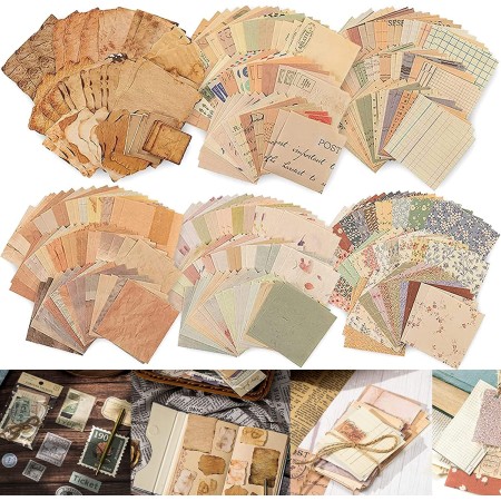 Whaline 375 hojas de papel vintage para álbumes de recortes, 7 diseños, suministros de papel de diario de aspecto antiguo, papel