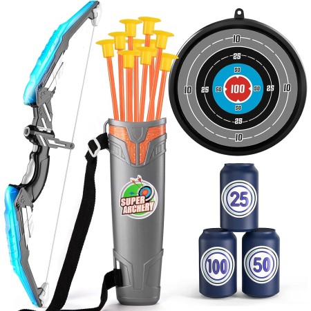 Juego de 2 juguetes de arco y flecha para niños, luz LED con 20 flechas de ventosa, objetivo y carcaj, juguetes al aire libre