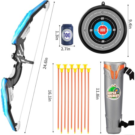 Juego de 2 juguetes de arco y flecha para niños, luz LED con 20 flechas de ventosa, objetivo y carcaj, juguetes al aire libre