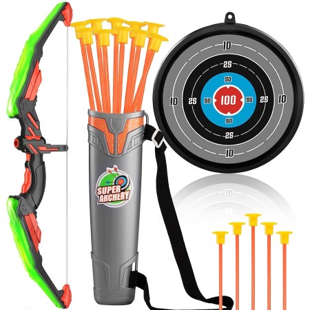 Juego de 2 juguetes de arco y flecha para niños, luz LED con 20 flechas de ventosa, objetivo y carcaj, juguetes al aire libre