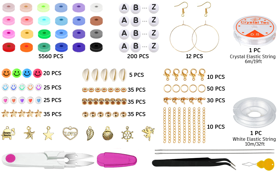 Una caja de plástico contiene todo lo que necesitas para hacer pulseras, joyas, cuentas planas, colgantes de letras